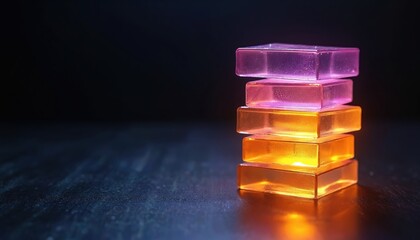 Poster - Illustration features stacked translucent squares. Gradient colors include purple, orange, yellow against dark background. Geometric abstract art with modern design. 3D shapes create visual interest.