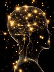 Poster - Human head with illuminated brain neural network in profile view.