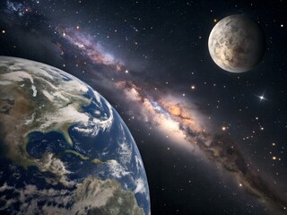 earth and moon in space with milky way galaxy