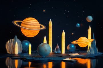 Poster - Surreal Space Landscape with Planets Stars and Abstract Geometric Shapes Reflecting in Water