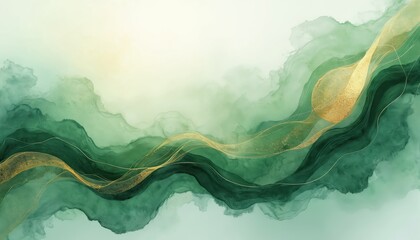 Poster - Abstract art featuring elegant flowing green forms with golden highlights. Organic shapes, soft gradient patterns create serene composition. Perfect for decor design background, luxury, modern,