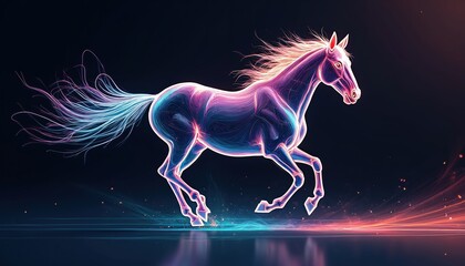 Aufkleber - Abstract digital illustration of a horse in motion, vibrant colors, glowing lines, energy. Dynamic fluid artistic design depicts speed, light, fantasy, with dark background.