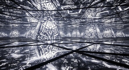 Poster - Abstract Geometric Pyramid Structure - Glowing pyramids with intricate designs in a reflective, mirrored environment. Modern, symmetrical, and futuristic