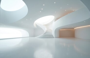 Aufkleber - Modern minimalist architecture interior with curved staircase. Bright white space, light, shadows. Contemporary design, futuristic building, innovation. Architectural details, clean lines, geometric