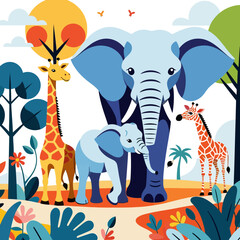  Cartoon Animals in the Jungle - Giraffes and Elephants Illustration - Cute Animal Family in Nature - Fun and Colorful Childrens Artwork - Wildlife Vector Art