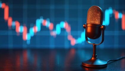 Poster - Retro glowing microphone with blue stock market chart background. Podcast audio recording radio report concept. Finance, investment, business analysis, economic news, trading, digital media.