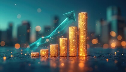 Poster - Illustration shows growth chart with rising arrow. Abstract economic financial concept. Visualization data analysis, business, statistics, progress, success, achievement, marketing, presentation