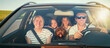 © Soloviova Liudmyla - Happy family enjoys road trip together, with fluffy brown Maltipoo dog in front seat and two young girls in back. Scene captures the joy and warmth of family outing in their car