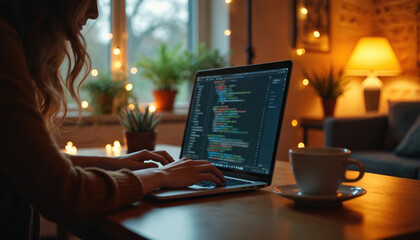 Young woman codes on laptop. Ambient light, cosy workspace with plants, coffee cup. Programmer, developer at night working on project, modern digital tech, web design development.
