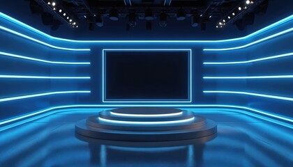 Poster - Modern TV studio set design with blue neon lights, stage. Futuristic studio interior with large screen, empty space for show, presentation or broadcast. Digital technology and contemporary design.