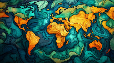 Poster - Map of the earth with continents surrounded by moving digital data flows and neural networks.	