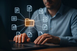 Zarządzanie plikami i danymi cyfrowymi – mężczyzna przy laptopie z ikonami dokumentów i folderów wirtualnych