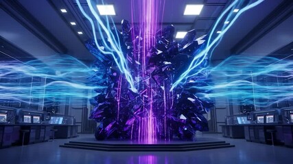 Poster - Large, crystalline structure within a modern, futuristic laboratory setting, illuminated by vibrant, flowing energy