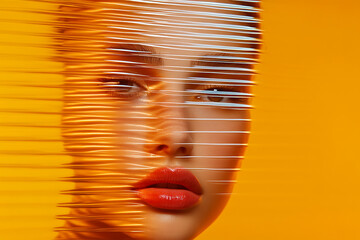 Poster - Woman's face partially obscured by horizontal lines on vibrant orange backdrop. Modern, artistic, and evocative portraiture.