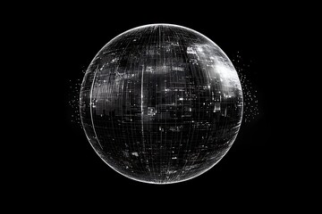Leinwandbilder - A shimmering sphere with intricate grid patterns floating against a dark black background space scene