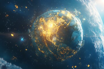 Wall Mural - a glowing earth with city lights and debris in space viewed from a cloud covered planet surface