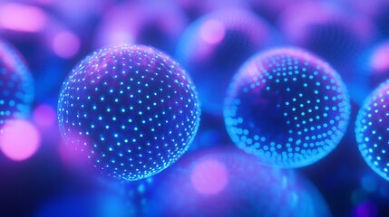Leinwandbilder - Close up view of illuminated spheres with blue dots and purple background in a dark setting