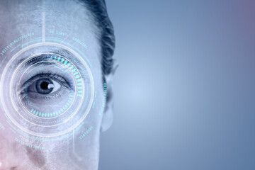 Poster - Human eye with digital biometric scanning interface and futuristic HUD elements for secure identity verification on blue background concept.