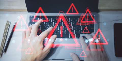 Poster - Hands typing on laptop keyboard with multiple red exclamation mark warning icons overlaid, symbolizing cyber alert or online fraud threat concept.