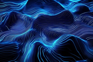 Leinwandbilder - Abstract blue topographic lines creating a digital landscape with a dark background texture