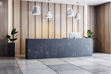 Aufkleber - Modern minimalist office reception desk with computer and lamps in bright lobby interior with wooden wall and plants. Perfect for workspace branding.. 3D Rendering