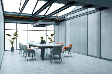 Poster - Modern corporate boardroom with skylight ceiling and minimalist design featuring sleek furniture and panoramic city view through glass walls. 3D Rendering