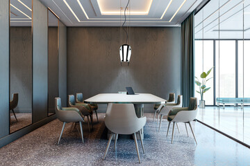 Poster - Modern luxury boardroom interior with large glass partitions, sleek furniture, and creative ceiling lighting in a bright corporate workspace. 3D Rendering