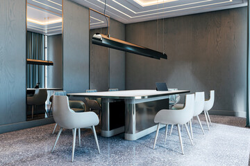 Poster - Modern empty boardroom interior with stylish furniture, sleek lighting, and contemporary design in a corporate office setting. 3D Rendering