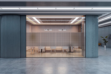 Poster - Modern corporate hallway with glass-walled meeting room featuring minimalist furniture and geometric interior elements illuminated by ceiling lights. 3D Rendering