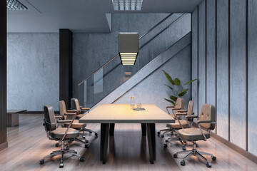 Poster - Modern executive boardroom with stylish furniture and minimalistic design featuring a wooden desk and chairs under soft lighting in luxury office. 3D Rendering