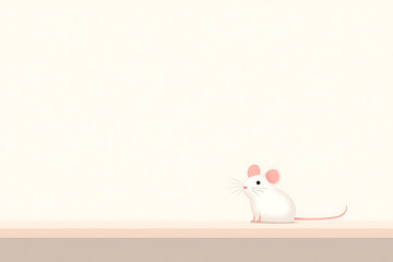 Poster - Minimalist illustration of a cute, white mouse with pink ears and tail sitting on a flat surface against a plain, pale background. Simple design. Clean, modern aesthetic.
