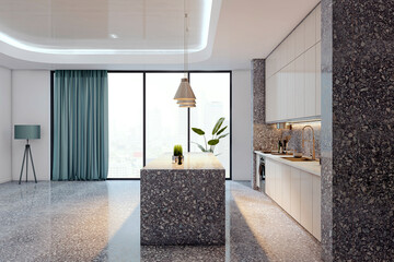 Poster - Contemporary kitchen interior with terrazzo countertops, large windows, and pendant lighting in a high-rise home at sunrise with city view. 3D Rendering