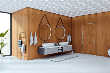 Poster - Modern chic bathroom interior with wood panel walls, minimalist floating sink cabinet, round mirrors, towels, and city view window. 3D Rendering