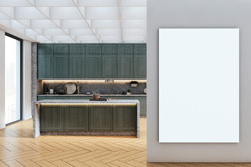 Poster - Modern luxury kitchen interior with vertical blank canvas on wall for advertising or poster display in bright home apartment setting. 3D Rendering
