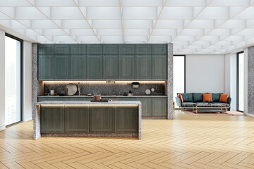 Poster - Modern luxury kitchen interior with elegant green cabinets, spacious layout, parquet wooden floor, and cozy corner seating area in bright room. 3D Rendering