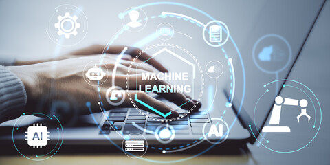Aufkleber - Hands typing on laptop keyboard with machine learning and artificial intelligence icons overlaid on abstract digital tech background.