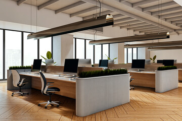 Poster - Modern open-plan office interior with wooden parquet floor, stylish desks, and large windows offering a bright city workspace view. 3D Rendering