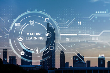 Poster - Futuristic machine learning technology interface overlay on city skyline at dusk with abstract digital network and AI system icons around circle hub.