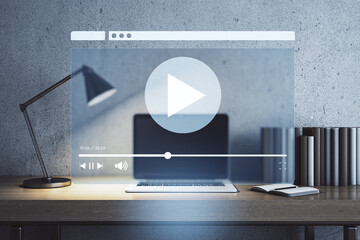 Aufkleber - Futuristic video streaming interface overlaying laptop on office desk with creative digital media and web technology concept background. 3D Rendering