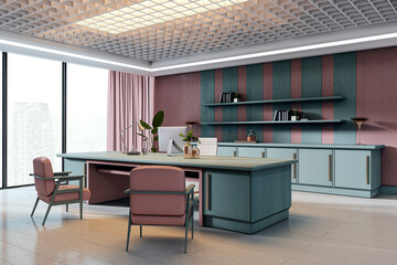 Poster - Modern executive office interior with pastel colors, large desk, striped wall, and city view through tall windows in a spacious corporate setting. 3D Rendering
