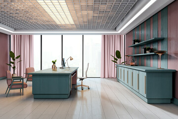 Poster - Modern spacious office interior with elegant furniture, striped wall design, large desk, and city view through full-height windows. 3D Rendering