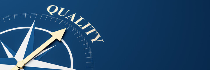 Poster - Compass arrow pointing toward the word quality on blue background, symbolizing direction, guidance, and business progress concept template. 3D Rendering