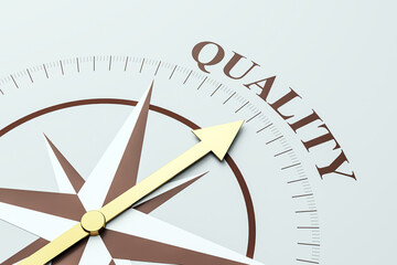 Aufkleber - Golden arrow compass pointing towards quality on a modern abstract background symbolizing guidance, direction and business excellence concept. 3D Rendering