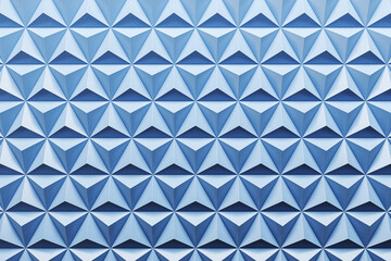 Poster - Blue geometric triangle wall pattern with 3D crystal-inspired surface texture for modern abstract luxury architecture and creative design concept. 3D Rendering