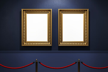 Aufkleber - Two classic golden frames on dark gallery wall with red ropes and empty canvas display under spotlight in modern exhibition room interior. 3D Rendering