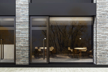 Poster - Modern shopfront exterior with glass windows and stone facade at night viewed from street level showcasing interior seating area concept. 3D Rendering