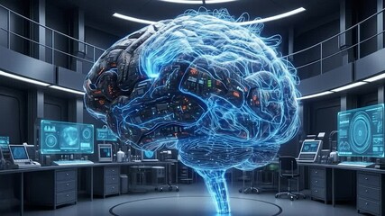 Poster - Futuristic brain with glowing neural pathways in a laboratory setting