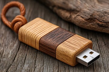 Poster - Stylish wooden usb flash drive with leather strap resting on rustic table
