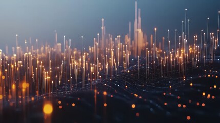 Leinwandbilder - Abstract representation of data flow with glowing lines and dots on a dark surface view from above