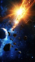 Wall Mural - a cosmic scene featuring a planet asteroids and a bright explosion in a nebula filled space view